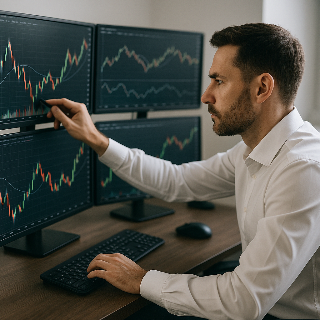 Professional stock trader analyzing financial charts and market data on multiple screens, demonstrating expert technical analysis in a clean, focused trading environment